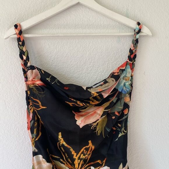 Leo Lin Women's Black Rachel Cowl-Neck Floral Silk Midi Slip Dress Size 6 -  mordernwear.com